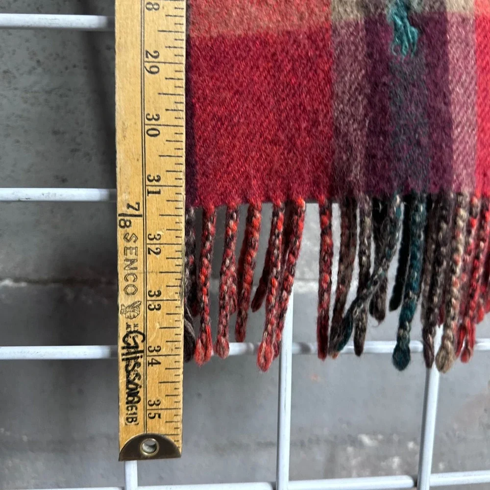 Polo Ralph Lauren Mens Red Plaid Wool Scarf Made in Italy Fringe Pony Logo 2388‎